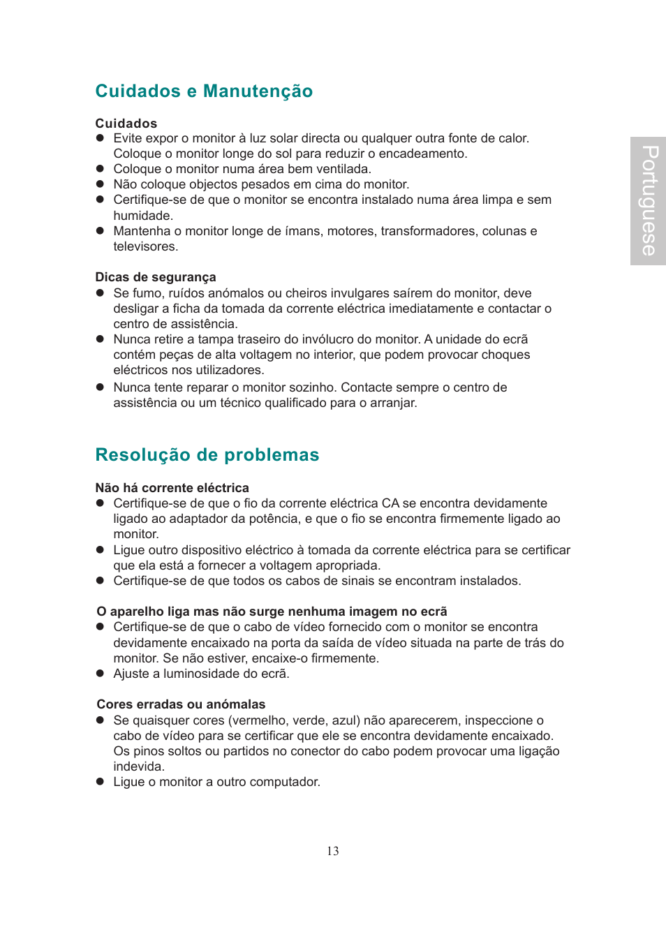 Portuguese, Cuidados e manutenção, Resolução de problemas | AOC Flat Panel Monitor 197Va1 User Manual | Page 59 / 59