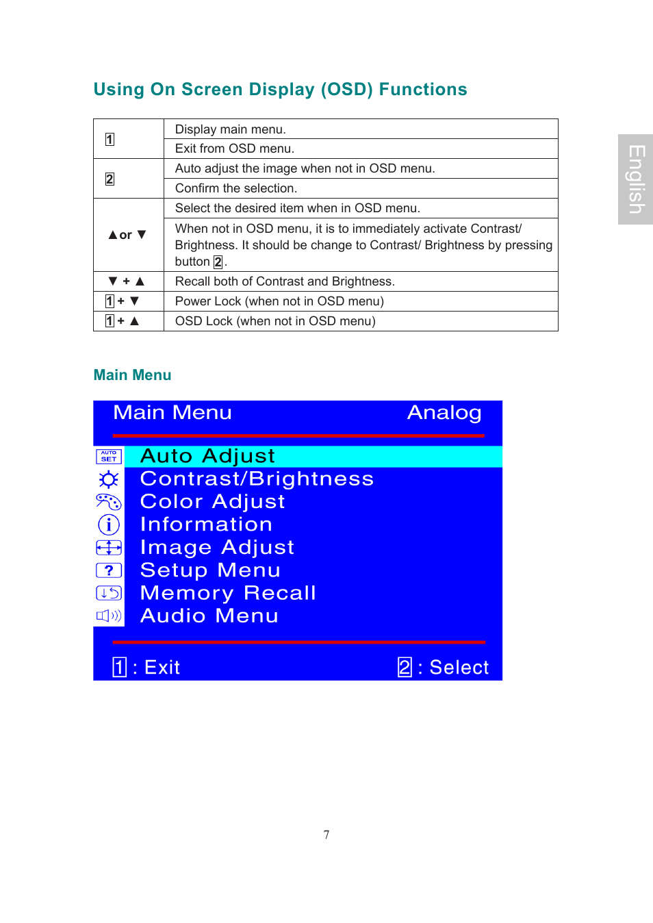 English, Using on screen display (osd) functions | AOC Flat Panel Monitor 197Va1 User Manual | Page 9 / 59