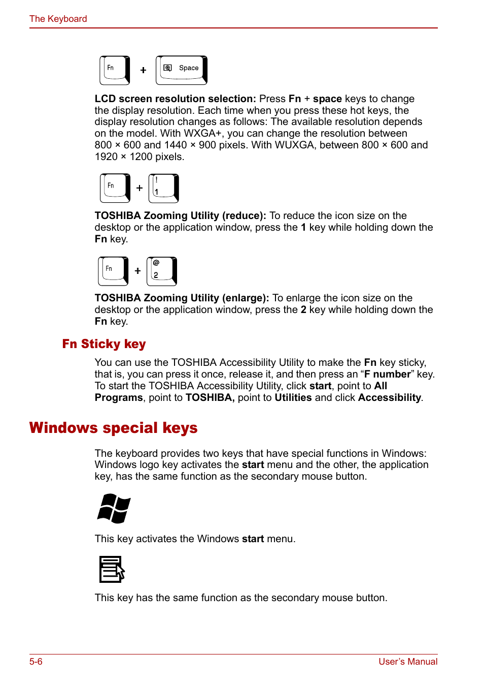 Windows special keys, Windows special keys -6, Fn sticky key | Toshiba Qosmio G30 HD-DVD (PQG31) User Manual | Page 102 / 272