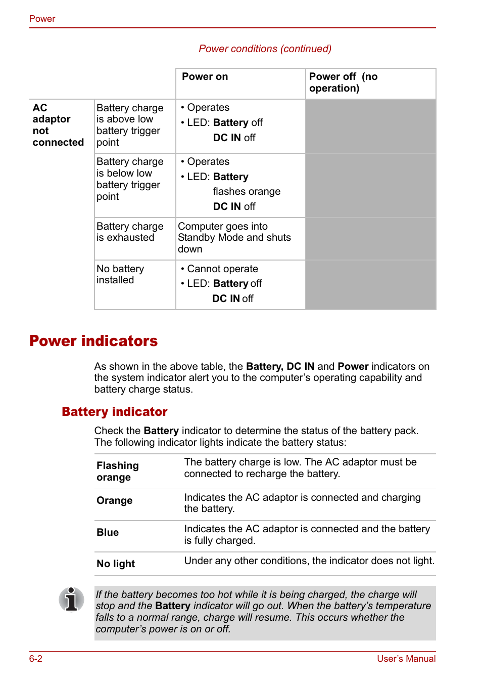 Power indicators, Power indicators -2, Battery indicator | Toshiba Qosmio G30 HD-DVD (PQG31) User Manual | Page 106 / 272