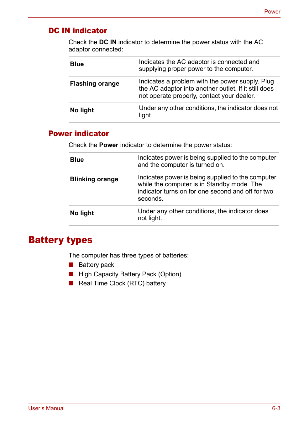 Battery types, Battery types -3, Dc in indicator | Power indicator | Toshiba Qosmio G30 HD-DVD (PQG31) User Manual | Page 107 / 272