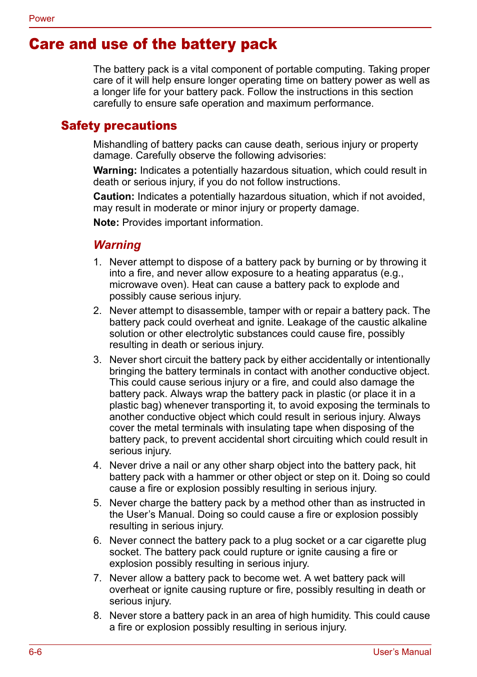 Care and use of the battery pack, Care and use of the battery pack -6, Safety precautions | Toshiba Qosmio G30 HD-DVD (PQG31) User Manual | Page 110 / 272