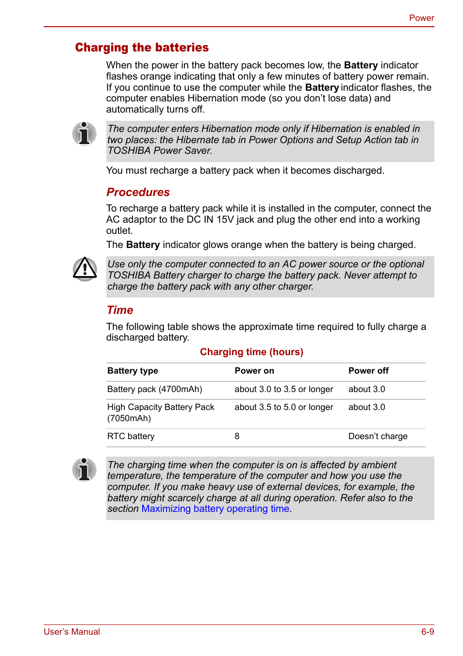 Charging the batteries, Procedures, Time | Toshiba Qosmio G30 HD-DVD (PQG31) User Manual | Page 113 / 272