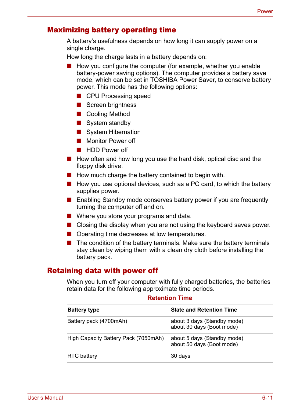 Maximizing battery operating time, Retaining data with power off | Toshiba Qosmio G30 HD-DVD (PQG31) User Manual | Page 115 / 272