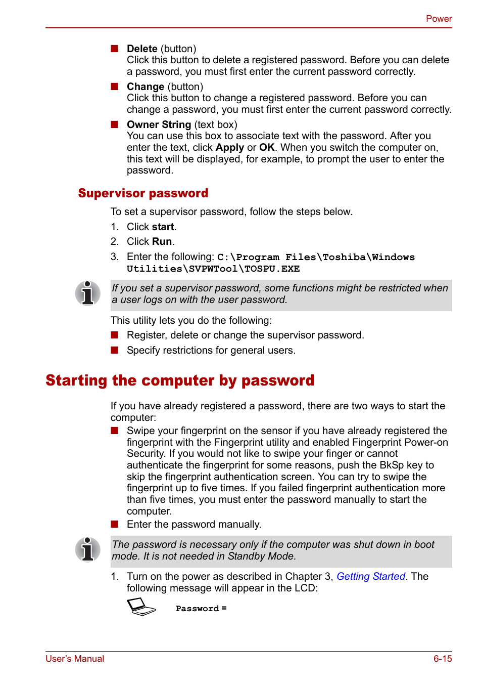 Starting the computer by password, Starting the computer by password -15, Supervisor password | Toshiba Qosmio G30 HD-DVD (PQG31) User Manual | Page 119 / 272