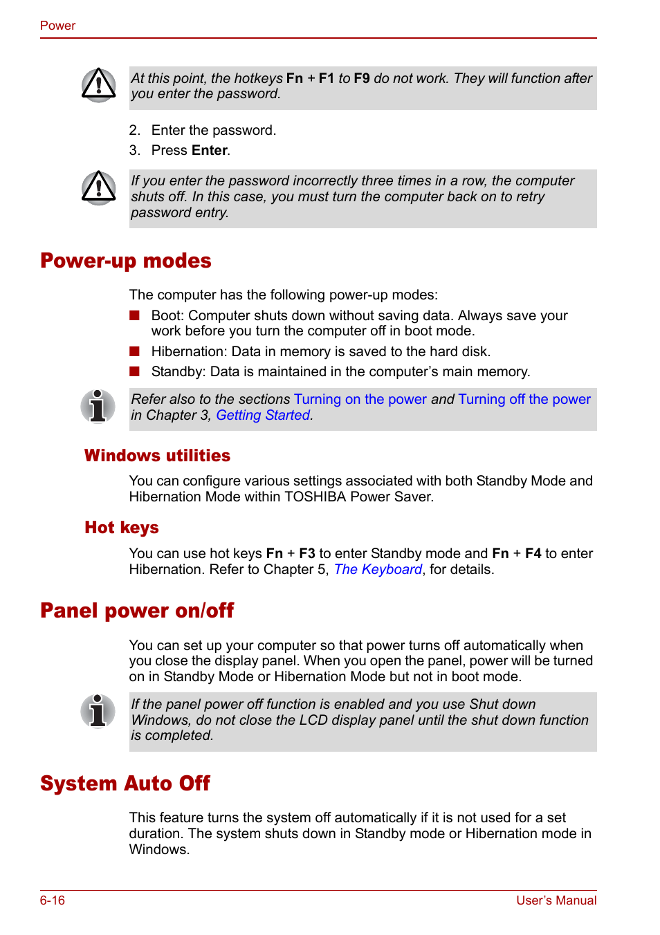 Power-up modes, Panel power on/off, System auto off | Toshiba Qosmio G30 HD-DVD (PQG31) User Manual | Page 120 / 272