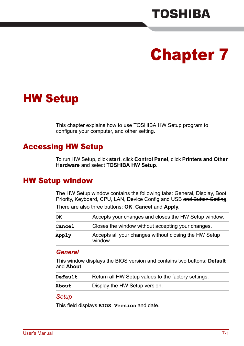 Chapter 7 - hw setup, Accessing hw setup, Hw setup window | Chapter 7, Hw setup, Accessing hw setup -1 hw setup window -1 | Toshiba Qosmio G30 HD-DVD (PQG31) User Manual | Page 121 / 272