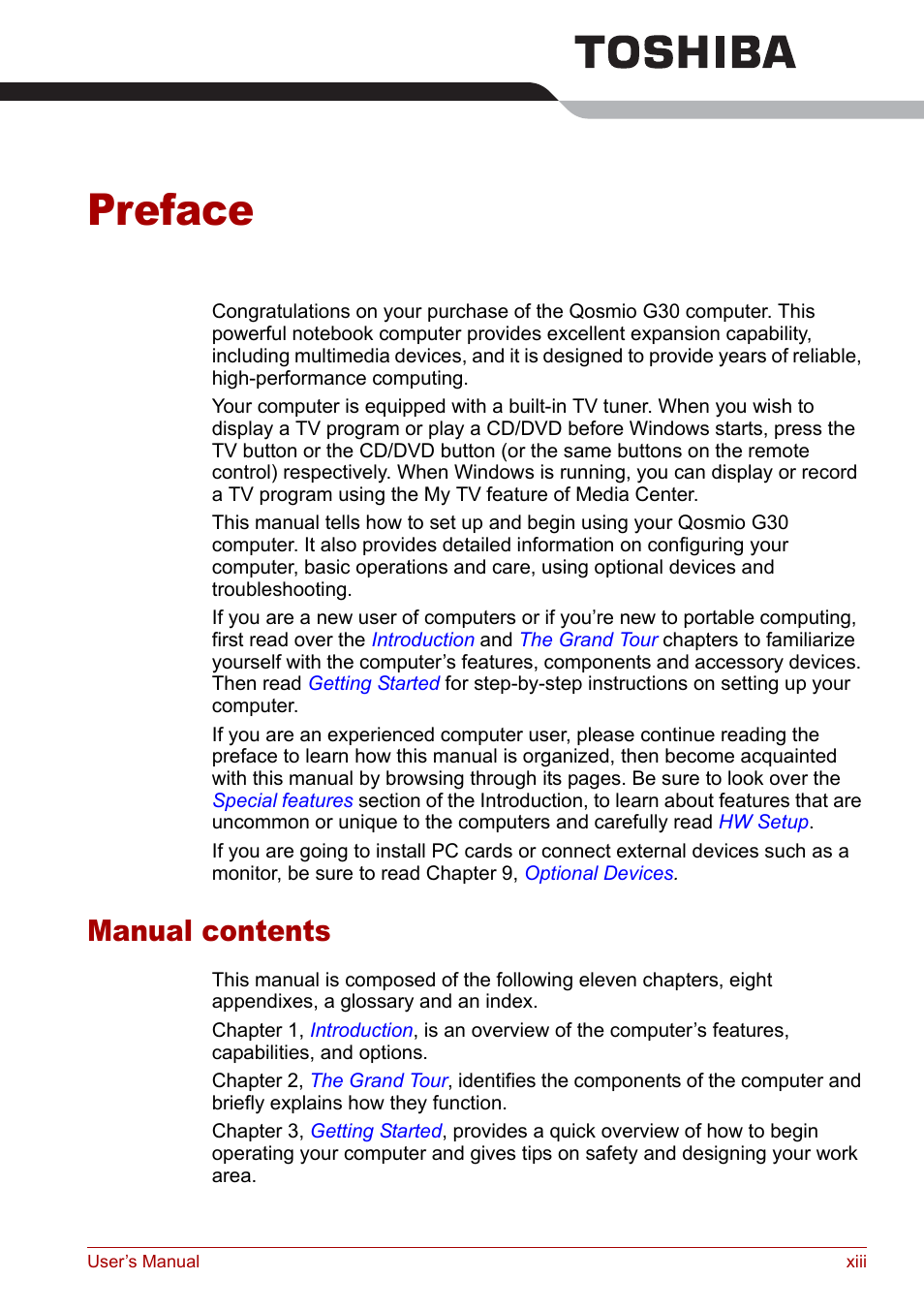 Preface, Manual contents | Toshiba Qosmio G30 HD-DVD (PQG31) User Manual | Page 13 / 272