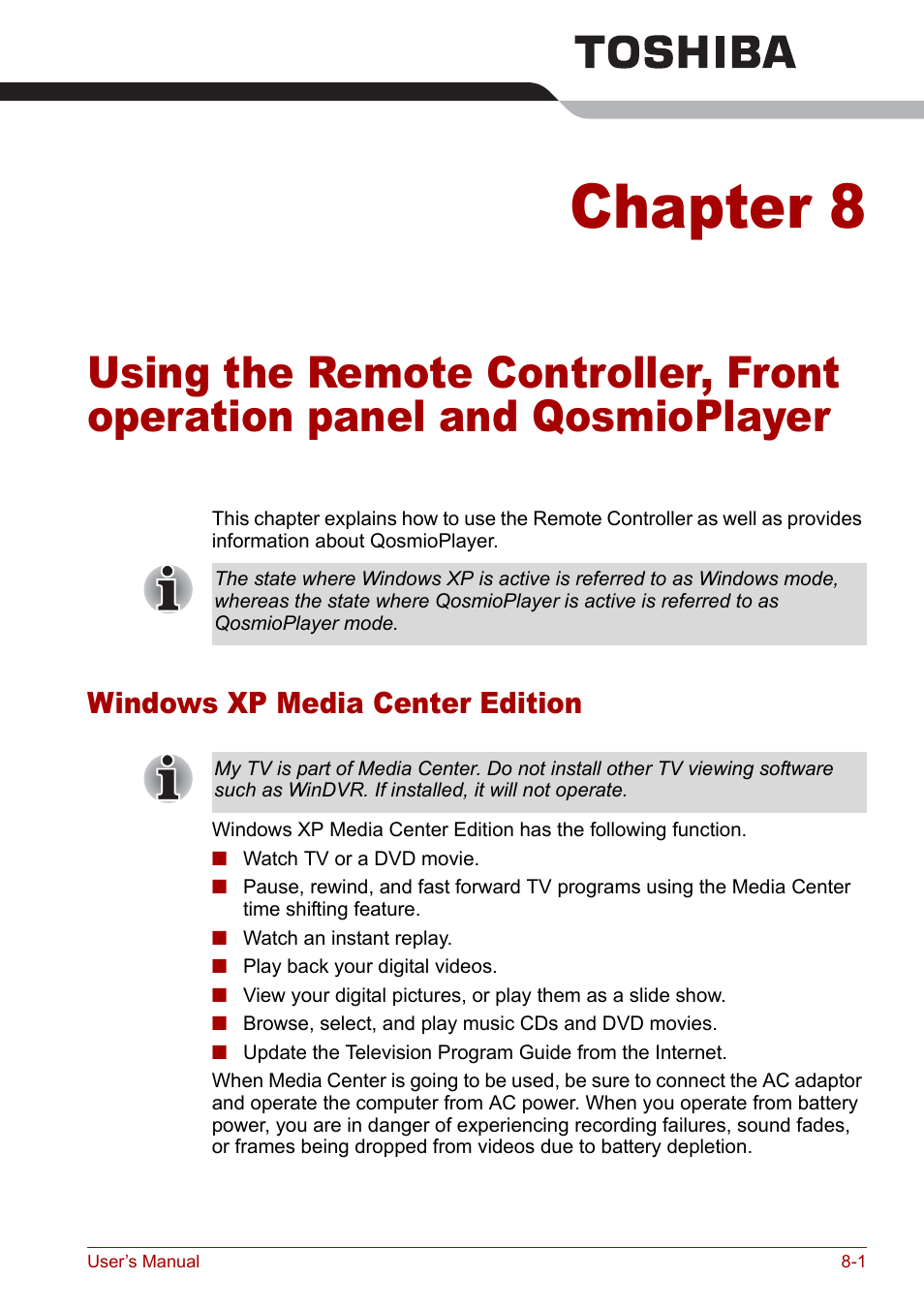 Windows xp media center edition, Chapter 8, Windows xp media center edition -1 | Qosmioplayer, Using the remote, Controller, front operation panel and, Apter 8, Using the remote controller, Front operation panel and qosmioplayer | Toshiba Qosmio G30 HD-DVD (PQG31) User Manual | Page 131 / 272