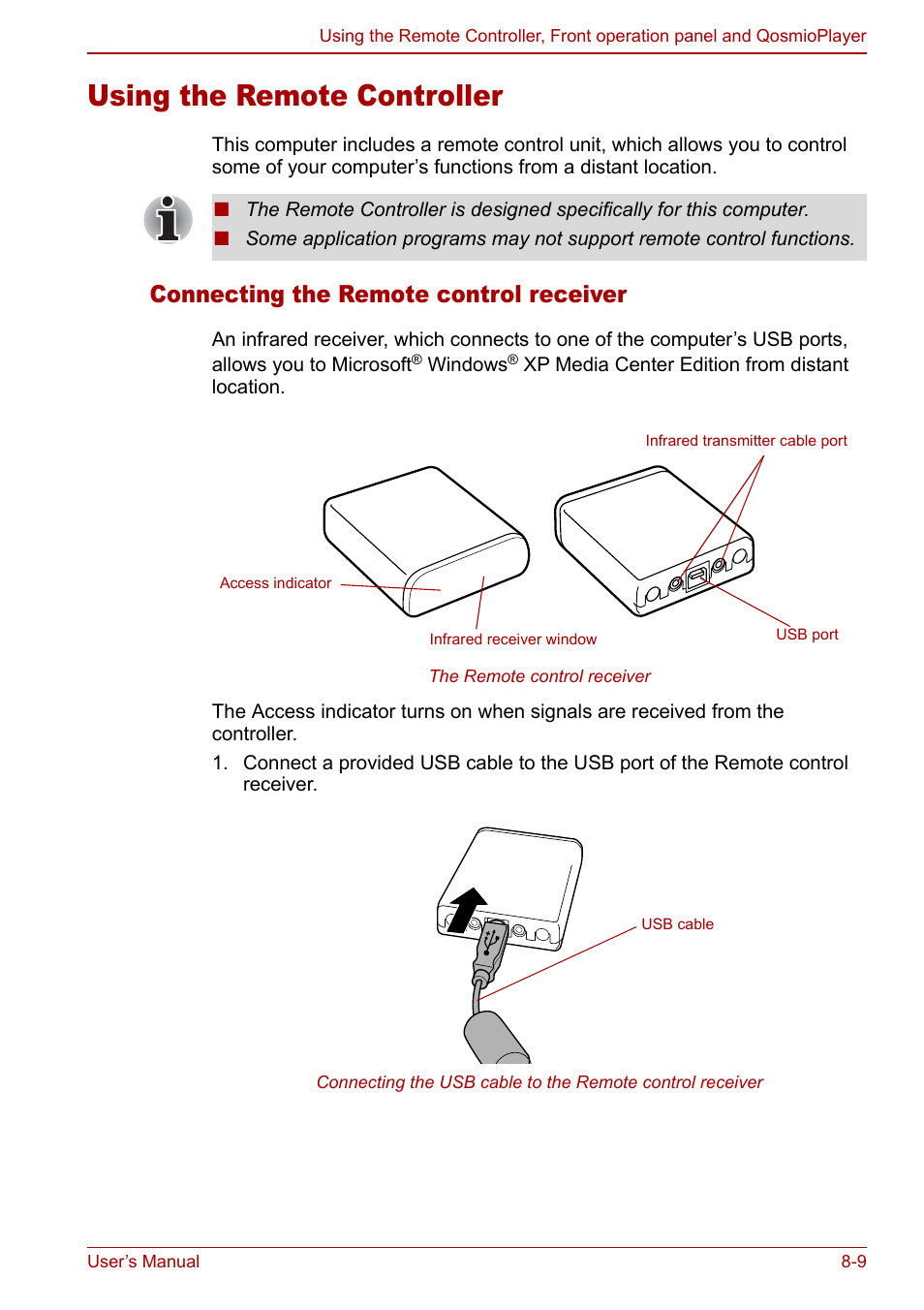 Using the remote controller, Using the remote controller -9, Connecting the remote control receiver | Toshiba Qosmio G30 HD-DVD (PQG31) User Manual | Page 139 / 272