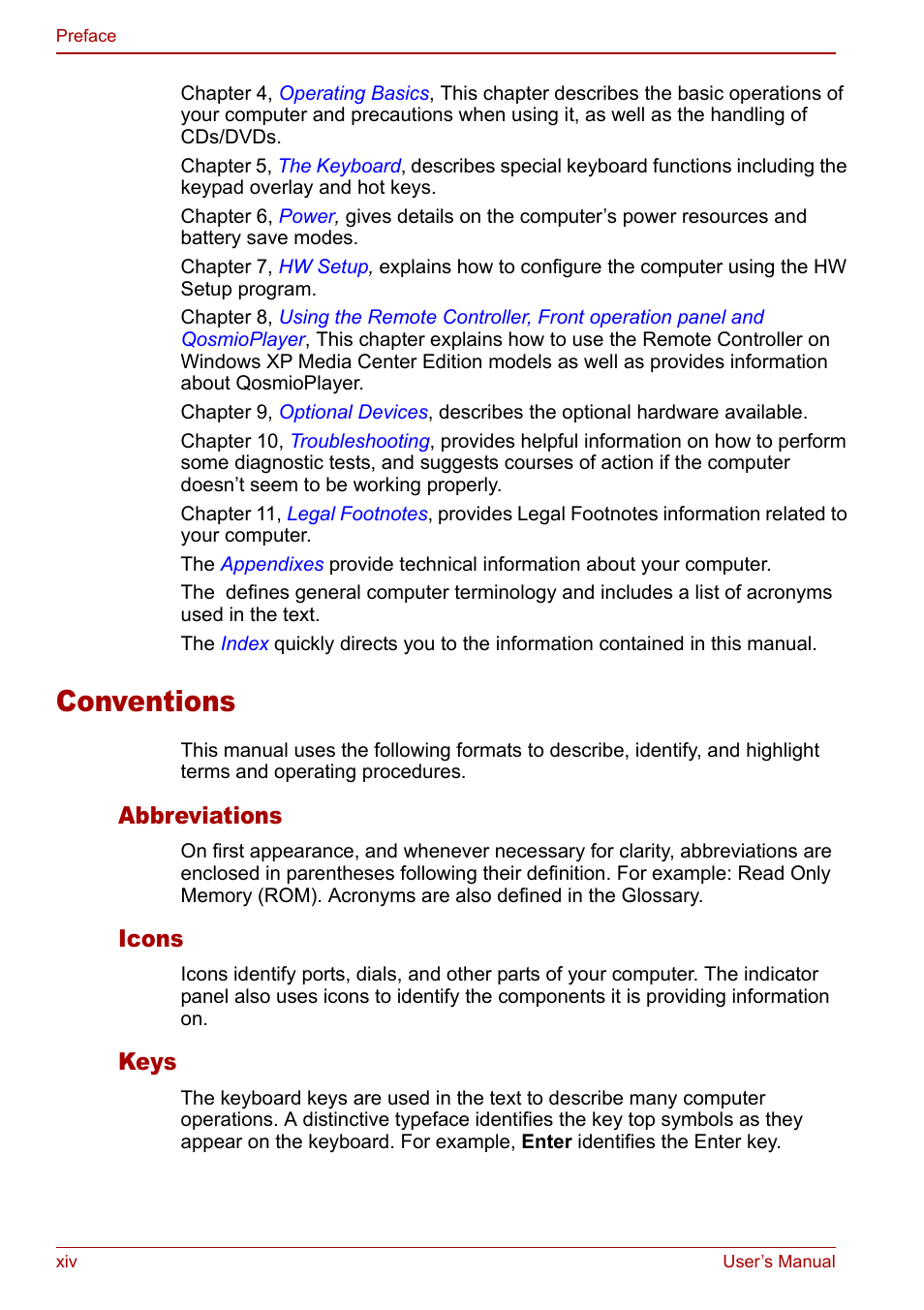 Conventions, Abbreviations, Icons | Keys | Toshiba Qosmio G30 HD-DVD (PQG31) User Manual | Page 14 / 272