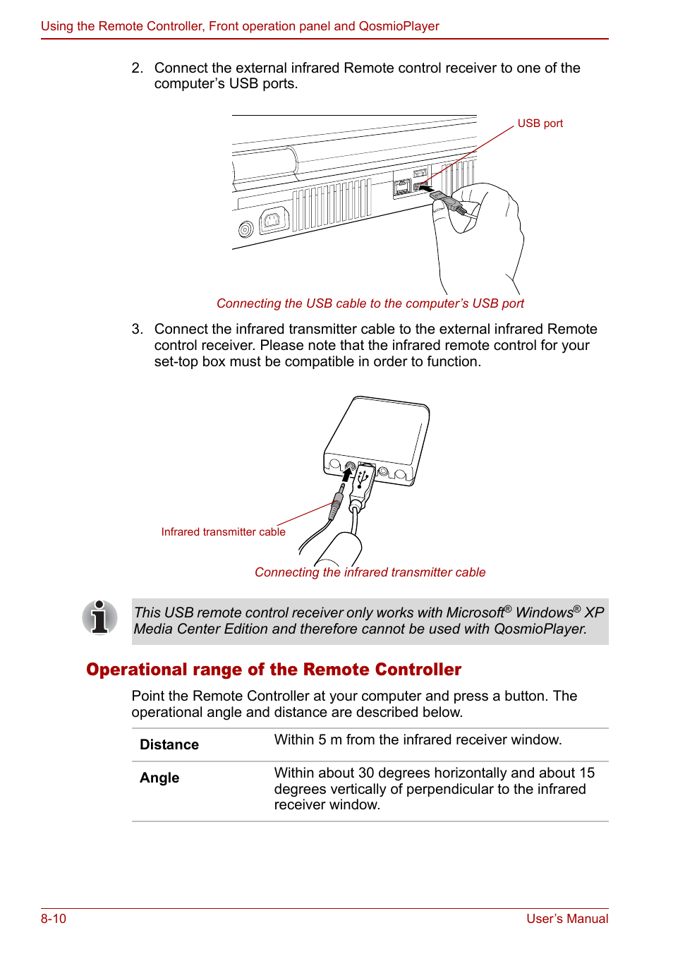 Operational range of the remote controller | Toshiba Qosmio G30 HD-DVD (PQG31) User Manual | Page 140 / 272