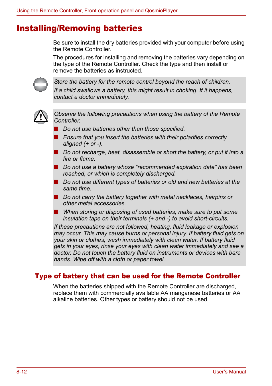 Installing/removing batteries, Installing/removing batteries -12 | Toshiba Qosmio G30 HD-DVD (PQG31) User Manual | Page 142 / 272