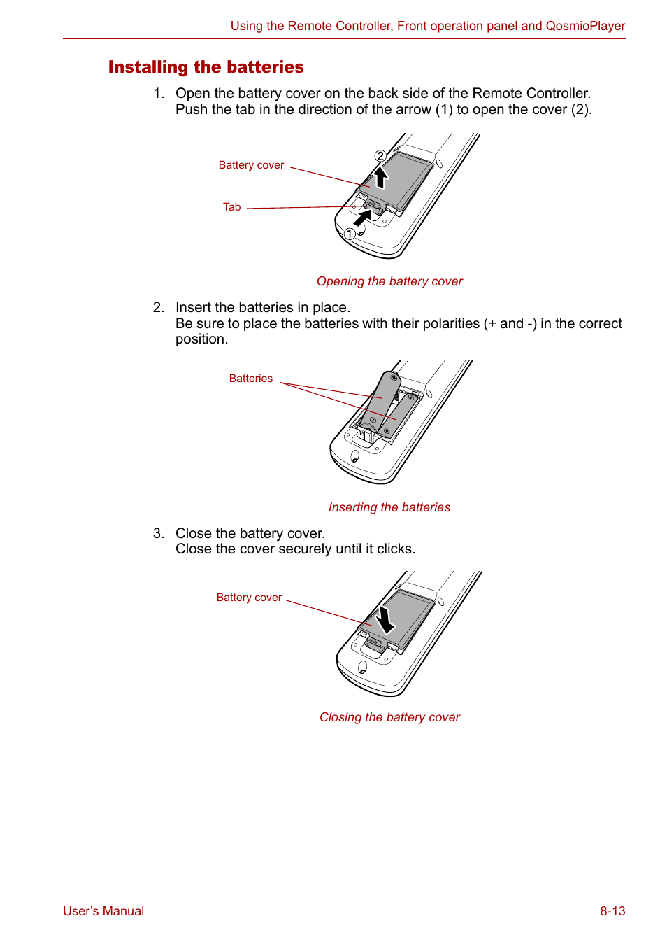 Installing the batteries | Toshiba Qosmio G30 HD-DVD (PQG31) User Manual | Page 143 / 272