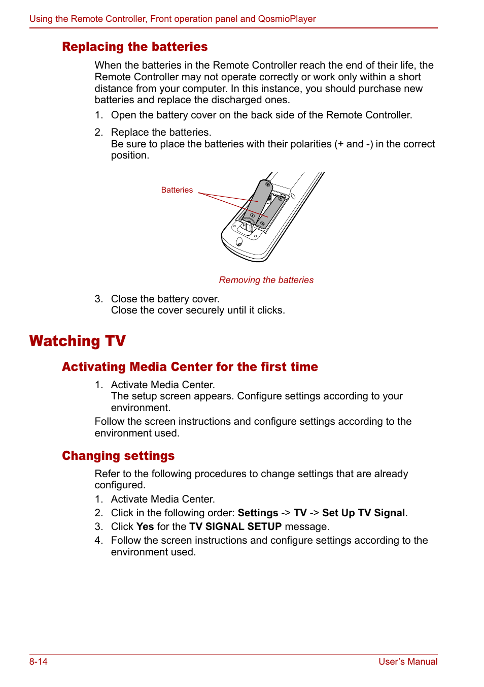 Watching tv, Watching tv -14, Replacing the batteries | Activating media center for the first time, Changing settings | Toshiba Qosmio G30 HD-DVD (PQG31) User Manual | Page 144 / 272