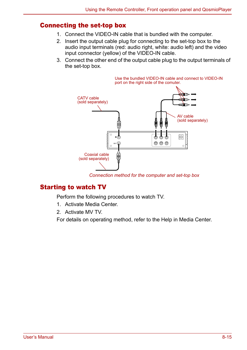Connecting the set-top box, Starting to watch tv | Toshiba Qosmio G30 HD-DVD (PQG31) User Manual | Page 145 / 272