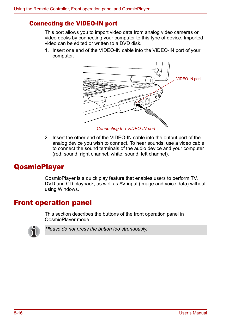 Qosmioplayer, Front operation panel, Qosmioplayer -16 front operation panel -16 | Connecting the video-in port | Toshiba Qosmio G30 HD-DVD (PQG31) User Manual | Page 146 / 272