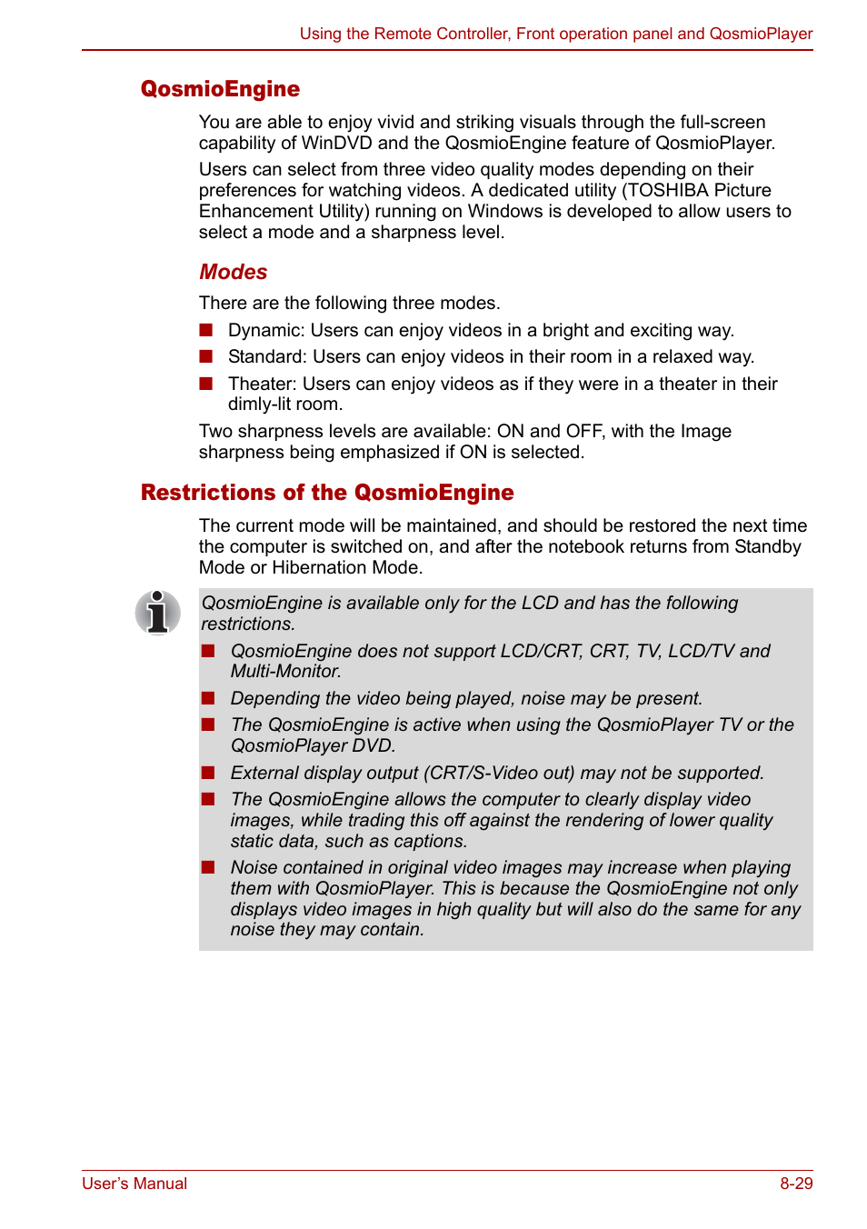 Qosmioengine, Restrictions of the qosmioengine | Toshiba Qosmio G30 HD-DVD (PQG31) User Manual | Page 159 / 272