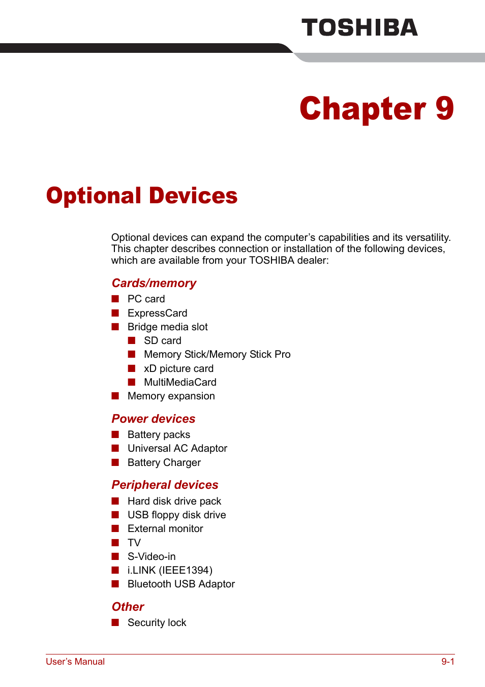 Chapter 9 - optional devices, Chapter 9, Optional devices | Optional, Devices, Apter 9 | Toshiba Qosmio G30 HD-DVD (PQG31) User Manual | Page 163 / 272