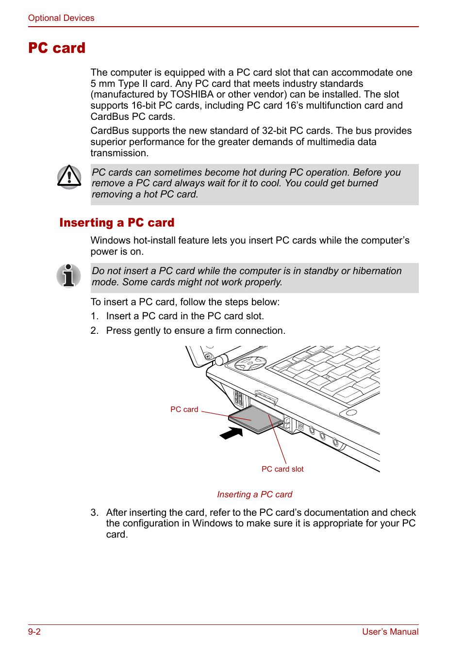 Pc card, Pc card -2, Inserting a pc card | Toshiba Qosmio G30 HD-DVD (PQG31) User Manual | Page 164 / 272