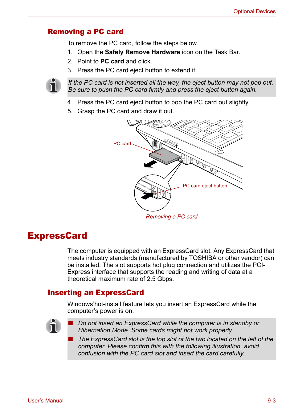 Expresscard, Expresscard -3, Removing a pc card | Inserting an expresscard | Toshiba Qosmio G30 HD-DVD (PQG31) User Manual | Page 165 / 272