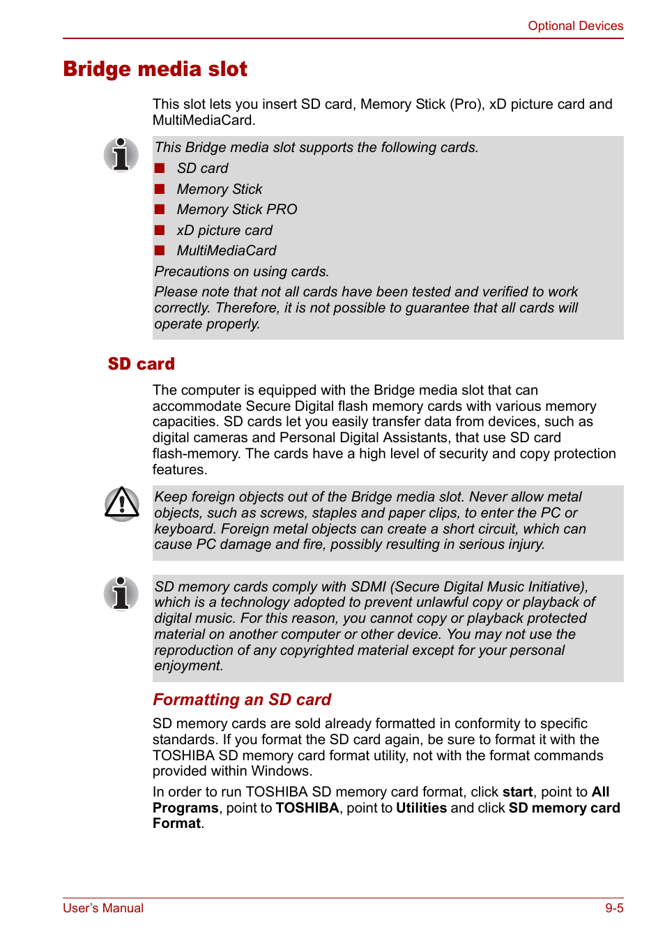 Bridge media slot, Bridge media slot -5, Sd card | Toshiba Qosmio G30 HD-DVD (PQG31) User Manual | Page 167 / 272