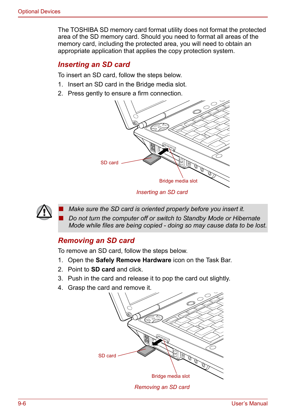 Inserting an sd card, Removing an sd card | Toshiba Qosmio G30 HD-DVD (PQG31) User Manual | Page 168 / 272