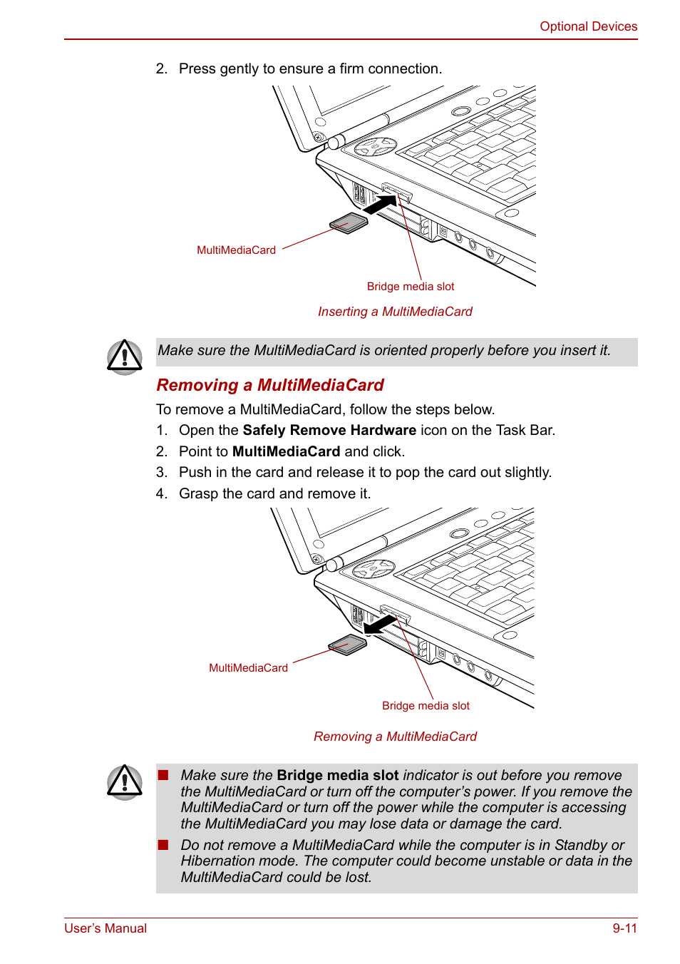 Removing a multimediacard | Toshiba Qosmio G30 HD-DVD (PQG31) User Manual | Page 173 / 272