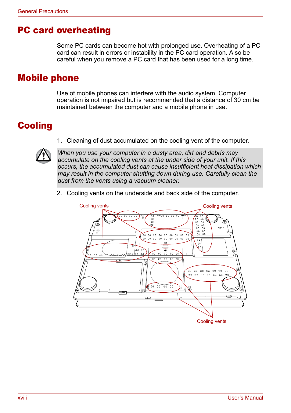 Pc card overheating, Mobile phone, Cooling | Toshiba Qosmio G30 HD-DVD (PQG31) User Manual | Page 18 / 272
