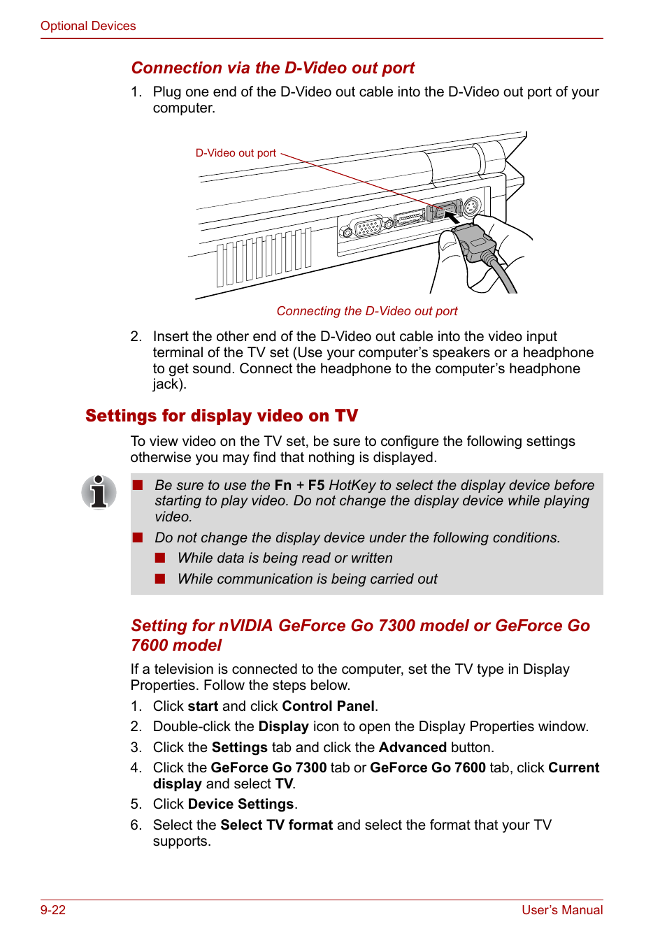 Settings for display video on tv | Toshiba Qosmio G30 HD-DVD (PQG31) User Manual | Page 184 / 272