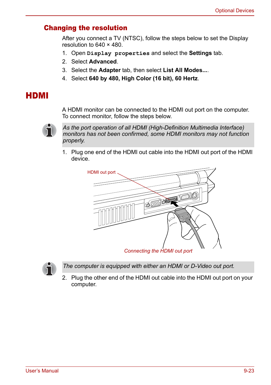 Hdmi, Hdmi -23, Changing the resolution | Toshiba Qosmio G30 HD-DVD (PQG31) User Manual | Page 185 / 272