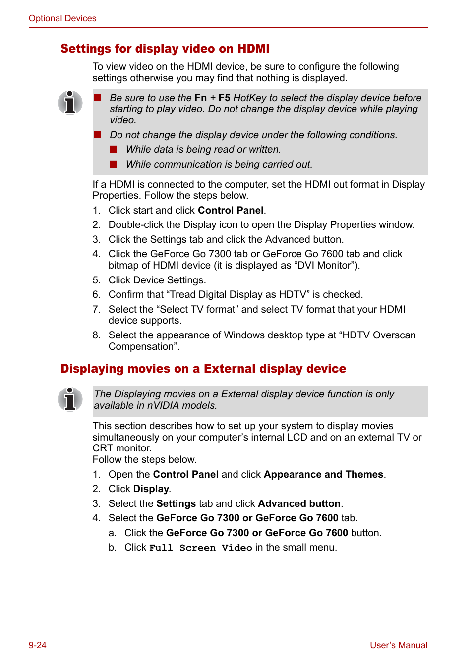 Settings for display video on hdmi, Displaying movies on a external display device | Toshiba Qosmio G30 HD-DVD (PQG31) User Manual | Page 186 / 272