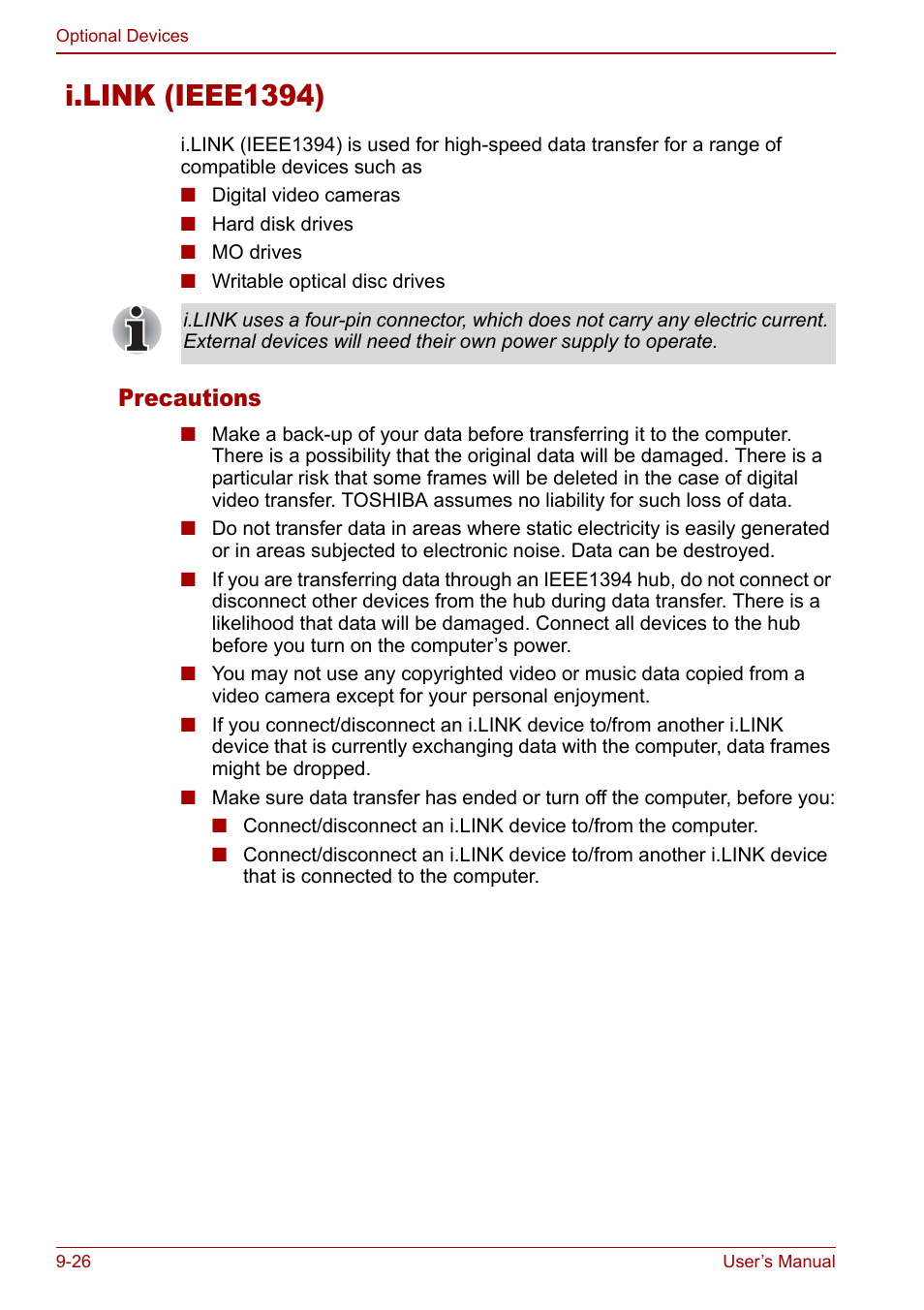 I.link (ieee1394), I.link (ieee1394) -26, Precautions | Toshiba Qosmio G30 HD-DVD (PQG31) User Manual | Page 188 / 272