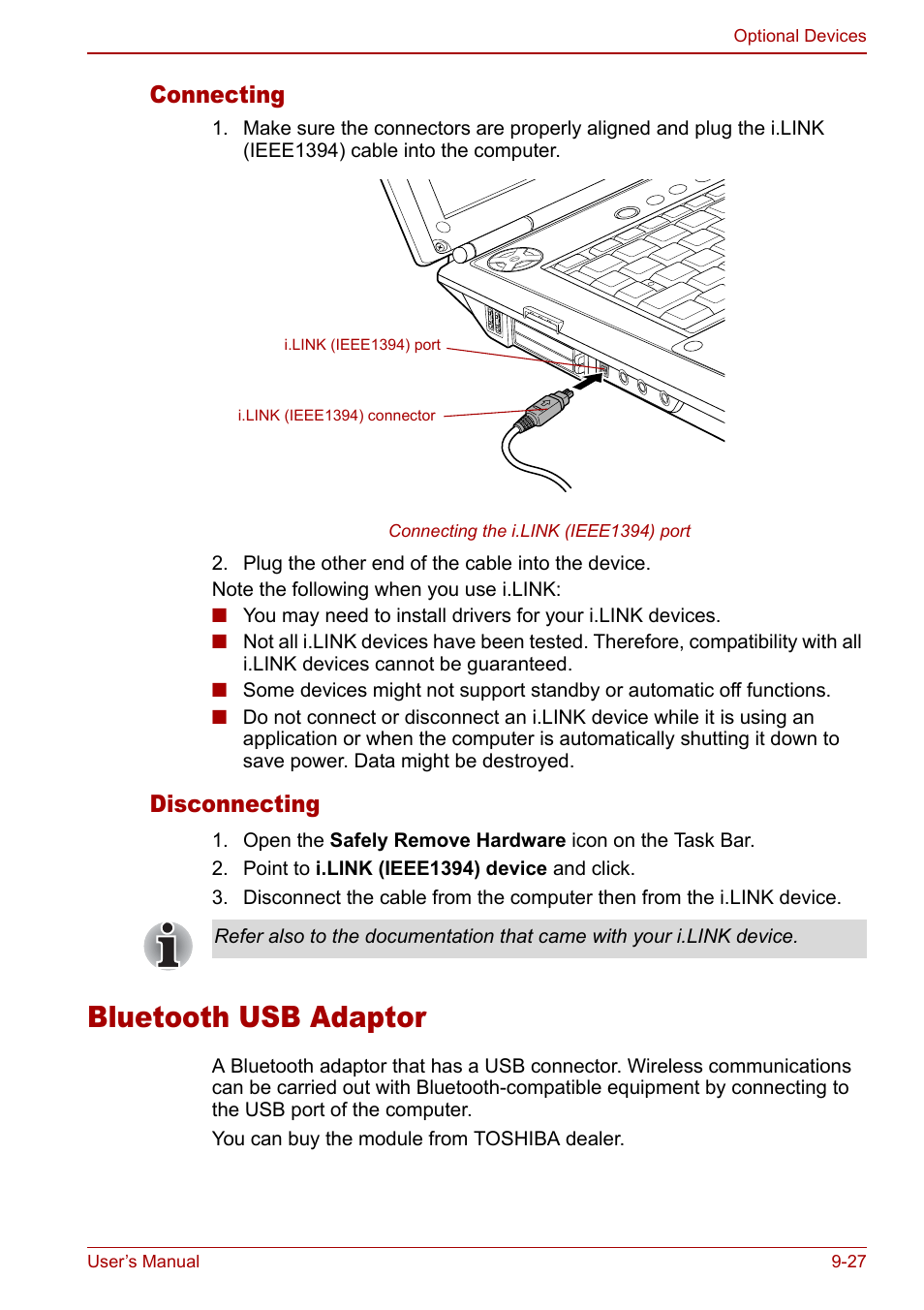 Bluetooth usb adaptor, Bluetooth usb adaptor -27, Connecting | Disconnecting | Toshiba Qosmio G30 HD-DVD (PQG31) User Manual | Page 189 / 272