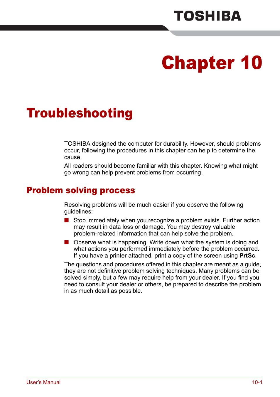 Chapter 10 - troubleshooting, Problem solving process, Chapter 10 | Troubleshooting, Problem solving process -1, Provid | Toshiba Qosmio G30 HD-DVD (PQG31) User Manual | Page 191 / 272