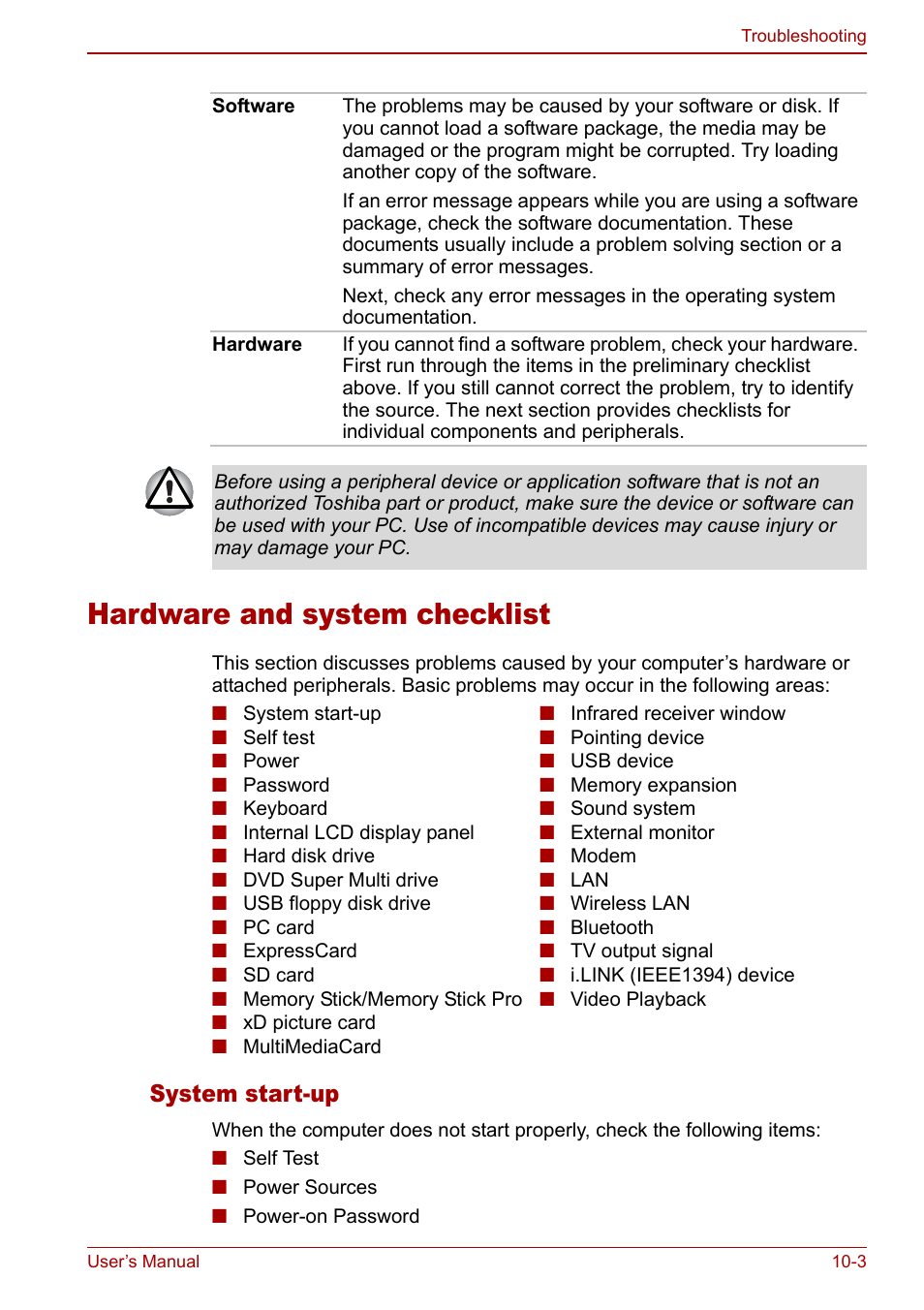 Hardware and system checklist, Hardware and system checklist -3, System start-up | Toshiba Qosmio G30 HD-DVD (PQG31) User Manual | Page 193 / 272