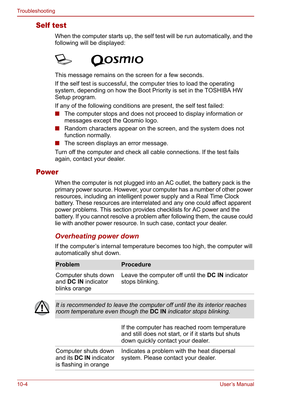 Self test, Power | Toshiba Qosmio G30 HD-DVD (PQG31) User Manual | Page 194 / 272