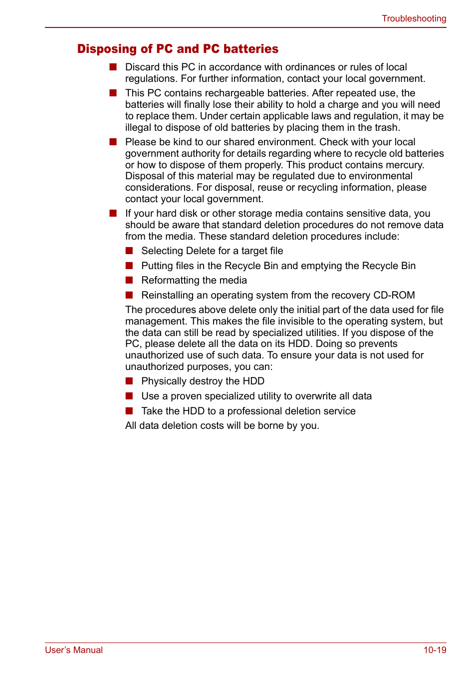 Disposing of pc and pc batteries | Toshiba Qosmio G30 HD-DVD (PQG31) User Manual | Page 209 / 272