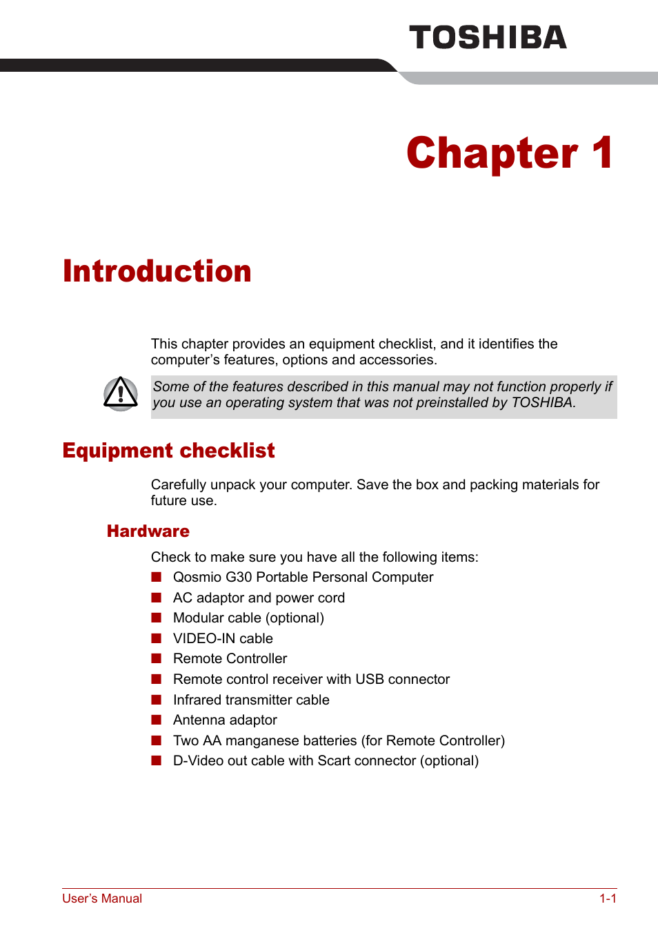 Chapter 1 - introduction, Equipment checklist, Chapter 1 | Introduction, Equipment checklist -1, Is an overvie | Toshiba Qosmio G30 HD-DVD (PQG31) User Manual | Page 21 / 272