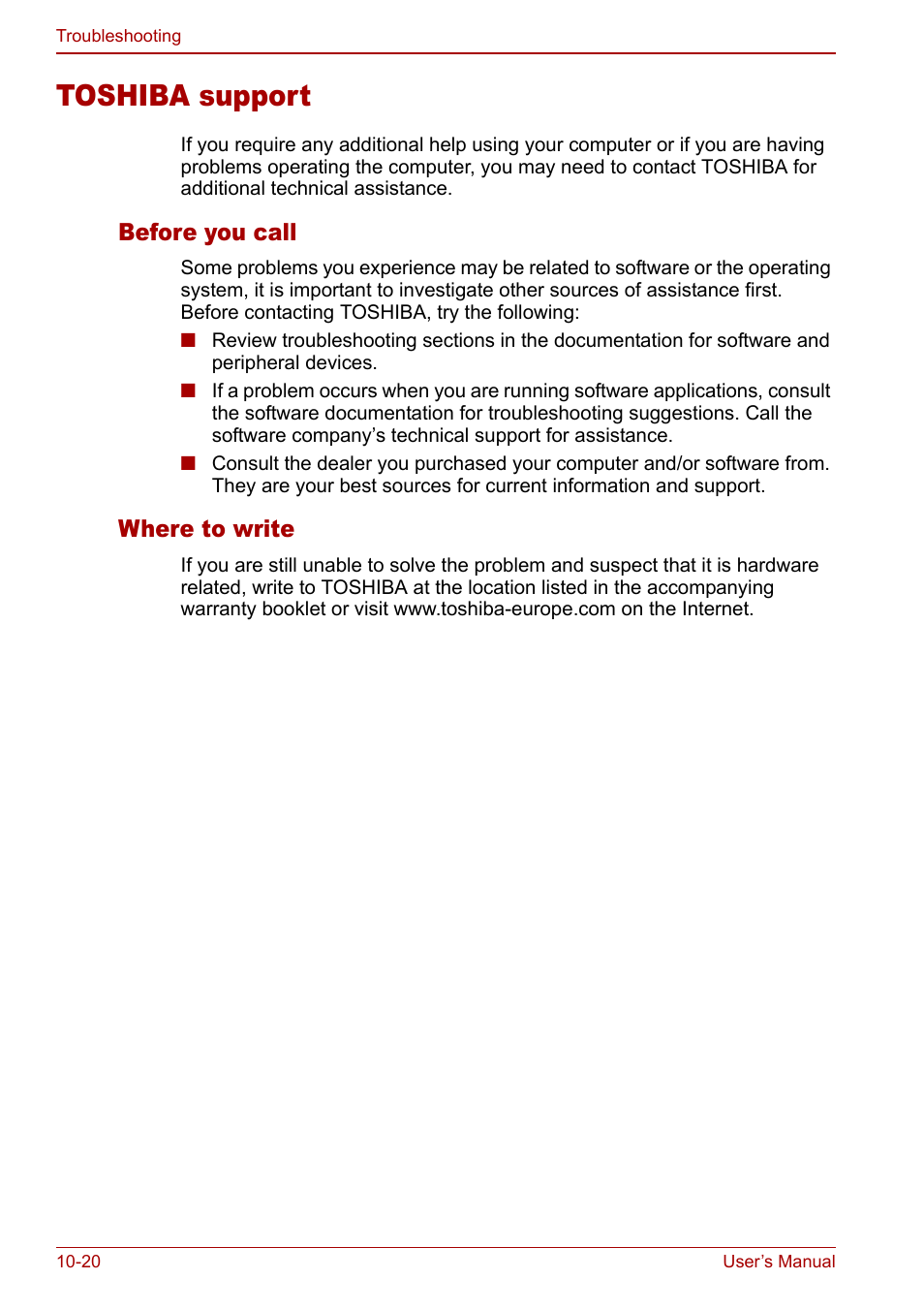 Toshiba support, Toshiba support -20, Before you call | Where to write | Toshiba Qosmio G30 HD-DVD (PQG31) User Manual | Page 210 / 272