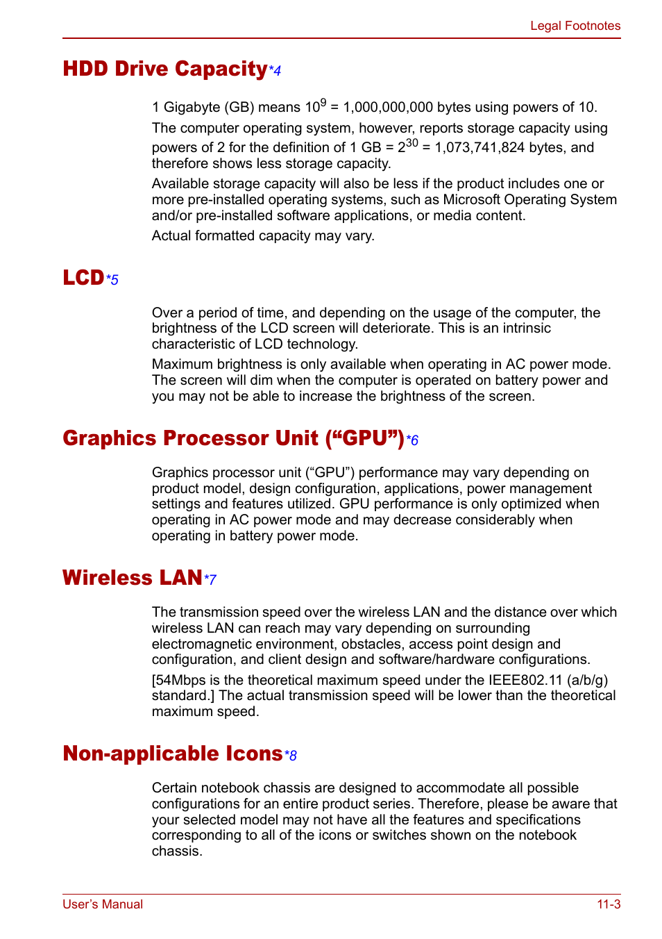 Hdd drive capacity, Graphics processor unit (“gpu”), Wireless la n | Non-applica ble icons | Toshiba Qosmio G30 HD-DVD (PQG31) User Manual | Page 213 / 272