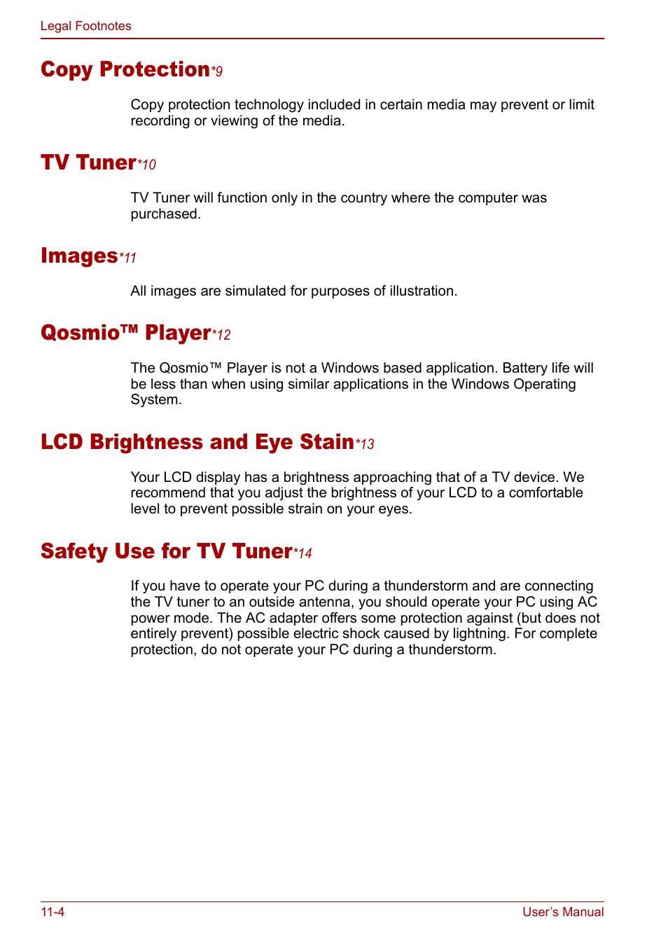 Copy protection, Tv tuner, Images | Qosmio™ player, Lcd brightness and eye stain, Safety use for tv tuner | Toshiba Qosmio G30 HD-DVD (PQG31) User Manual | Page 214 / 272