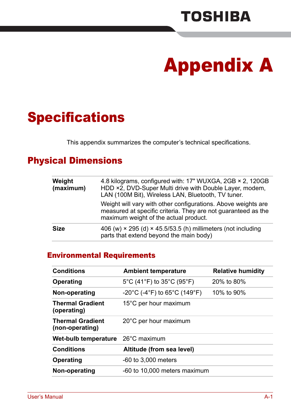 Appendix a - specifications, Physical dimensions, Appendix a | Specifications, Pendixes | Toshiba Qosmio G30 HD-DVD (PQG31) User Manual | Page 215 / 272