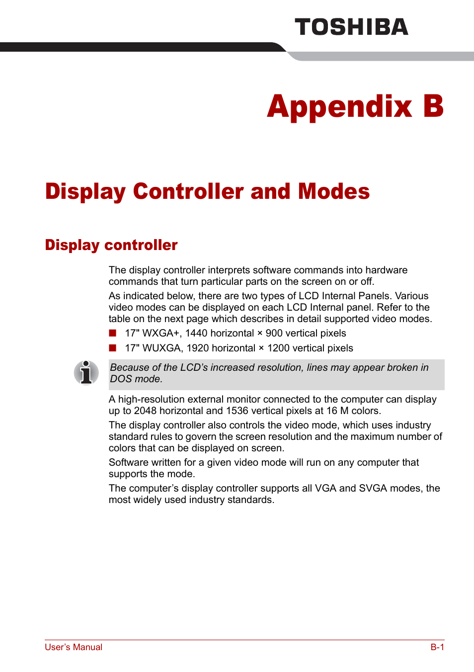 Appendix b - display controller and modes, Display controller, Appendix b | Display controller and modes, Refer to, Display controller and, Modes | Toshiba Qosmio G30 HD-DVD (PQG31) User Manual | Page 219 / 272