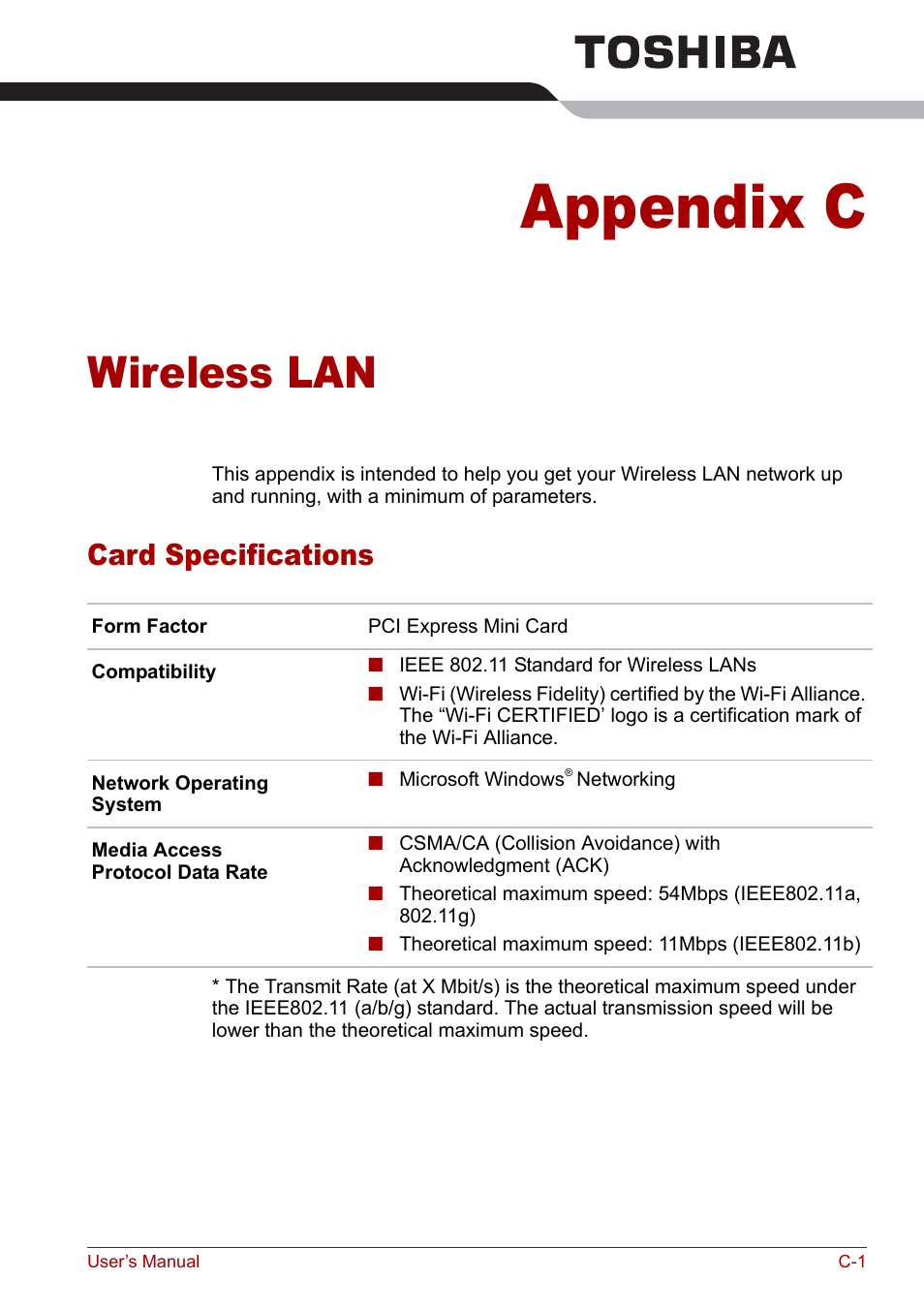 Appendix c - wireless lan, Card specifications, Appendix c | Wireless lan | Toshiba Qosmio G30 HD-DVD (PQG31) User Manual | Page 229 / 272