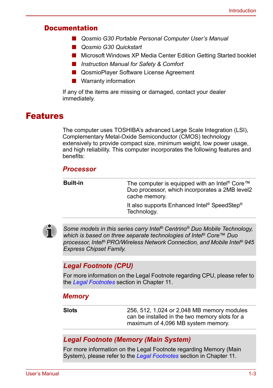 Features, Features -3, Documentation | Toshiba Qosmio G30 HD-DVD (PQG31) User Manual | Page 23 / 272
