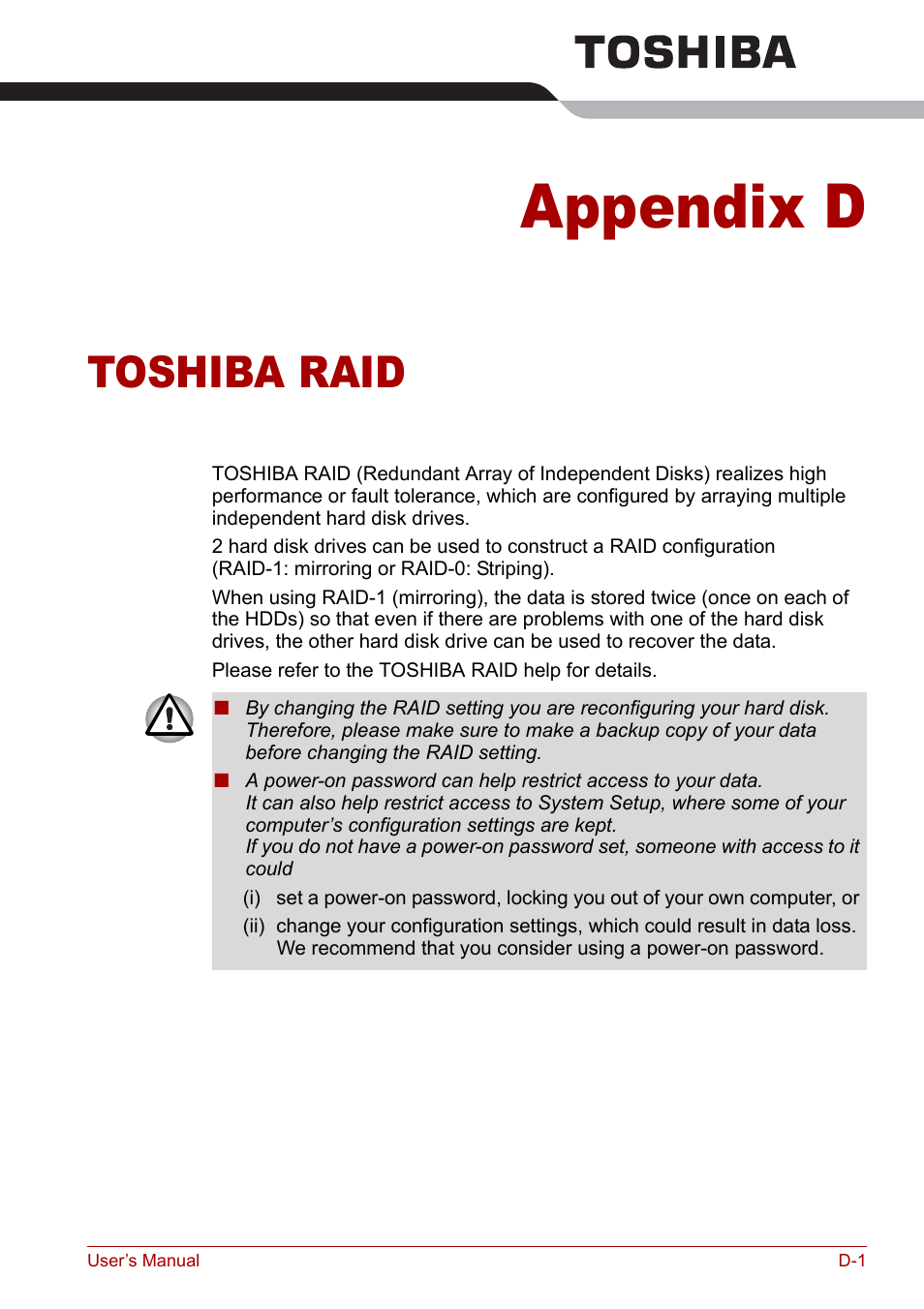 Appendix d - toshiba raid, Appendix d, Toshiba raid | Toshiba Qosmio G30 HD-DVD (PQG31) User Manual | Page 233 / 272