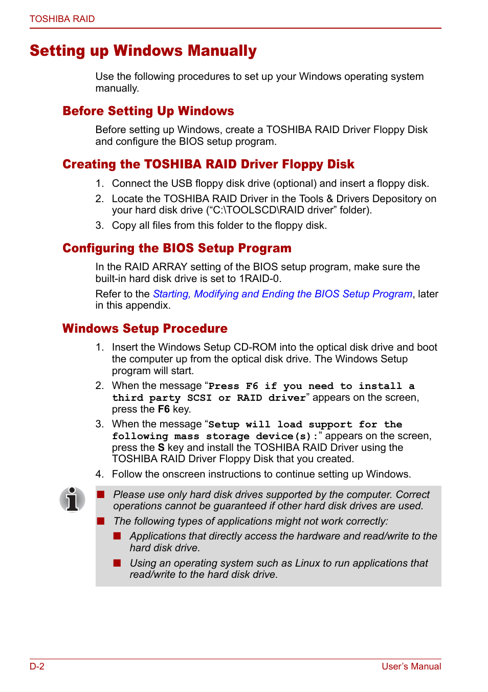 Setting up windows manually, Before setting up windows, Creating the toshiba raid driver floppy disk | Configuring the bios setup program, Windows setup procedure | Toshiba Qosmio G30 HD-DVD (PQG31) User Manual | Page 234 / 272