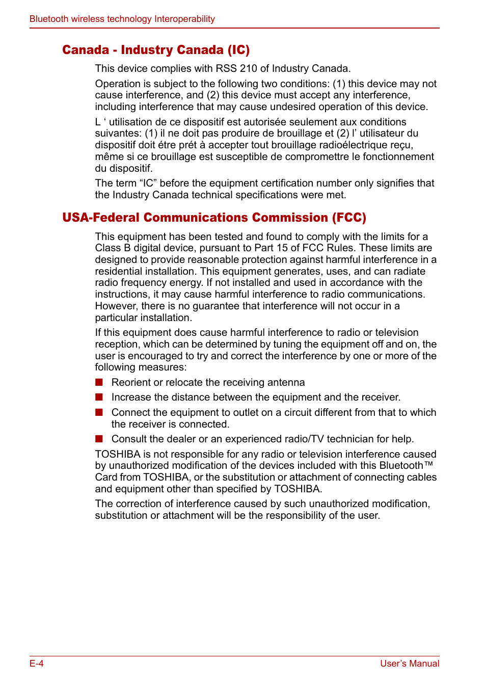 Canada - industry canada (ic), Usa-federal communications commission (fcc) | Toshiba Qosmio G30 HD-DVD (PQG31) User Manual | Page 242 / 272