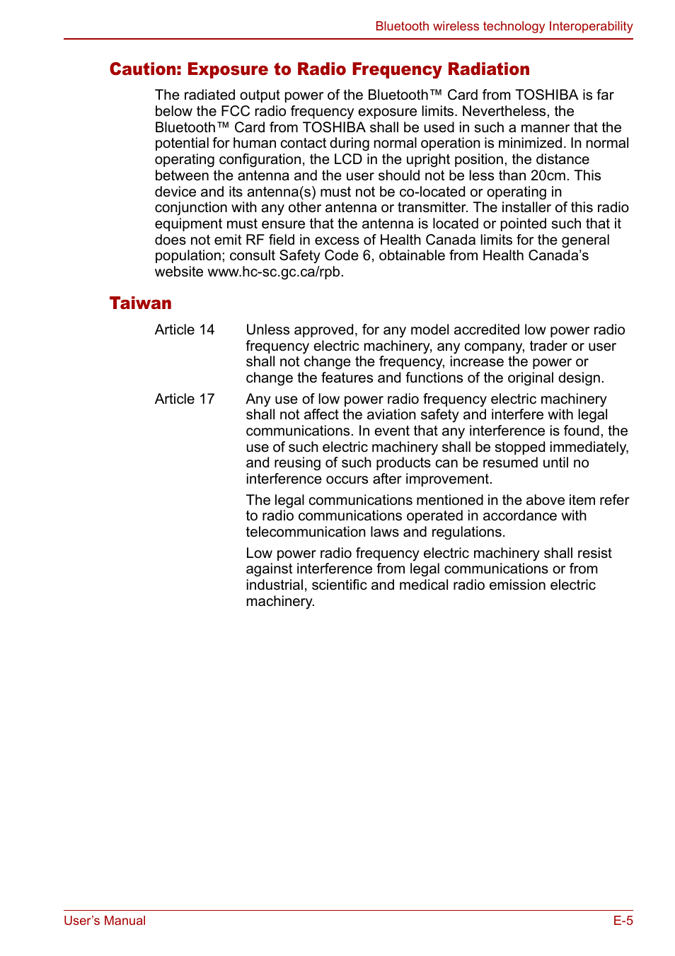 Caution: exposure to radio frequency radiation, Taiwan | Toshiba Qosmio G30 HD-DVD (PQG31) User Manual | Page 243 / 272